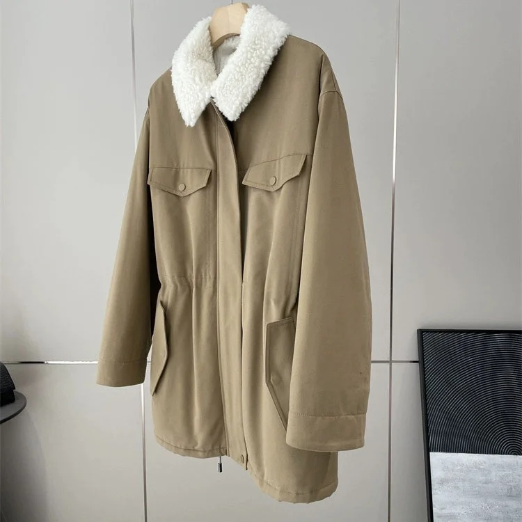 Pure Cotton Coat with Waist-Cinching Design And Fur Collar in Diagonal Stripe Pattern Only One Batch Available
