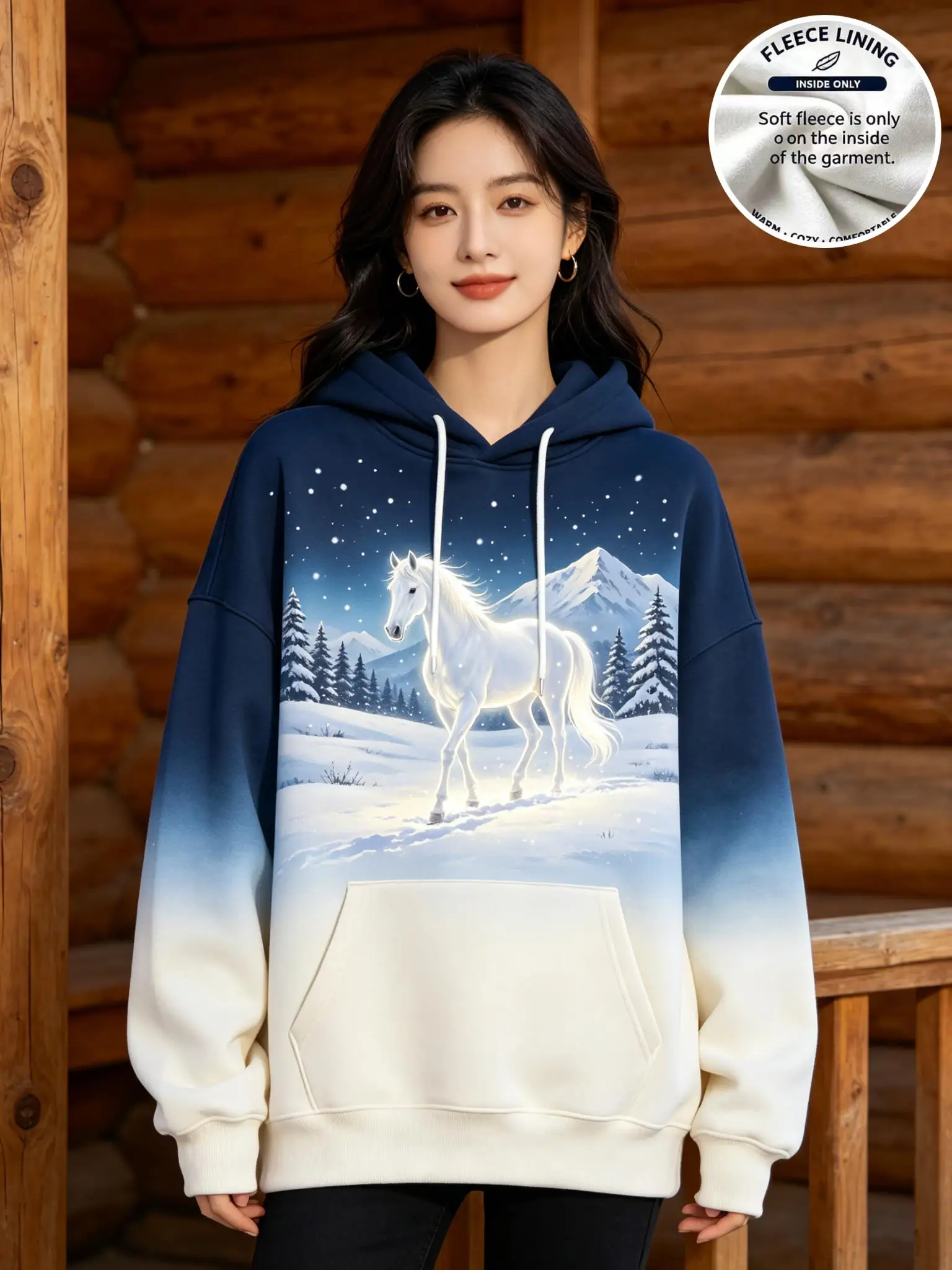 Women Winter Snow Mountain Wolf Pine Tree Gradient Fleece Hoodie Pocket Long Sleeve Sweatshirt