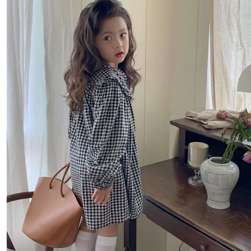 Girls Big Collar Cherry Plaid Dress Kids Princess Dress 2025 Spring and Autumn New Casual Children's Clothing