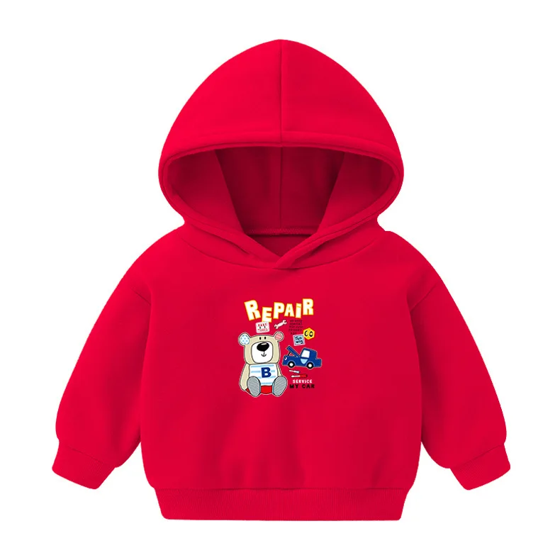 Cartoon Print Red Solid Hooded Sweater Kid Soft Clothing Fall Winter Boy Girl Long-sleeved Tops Children Pullover New Sweatshirt