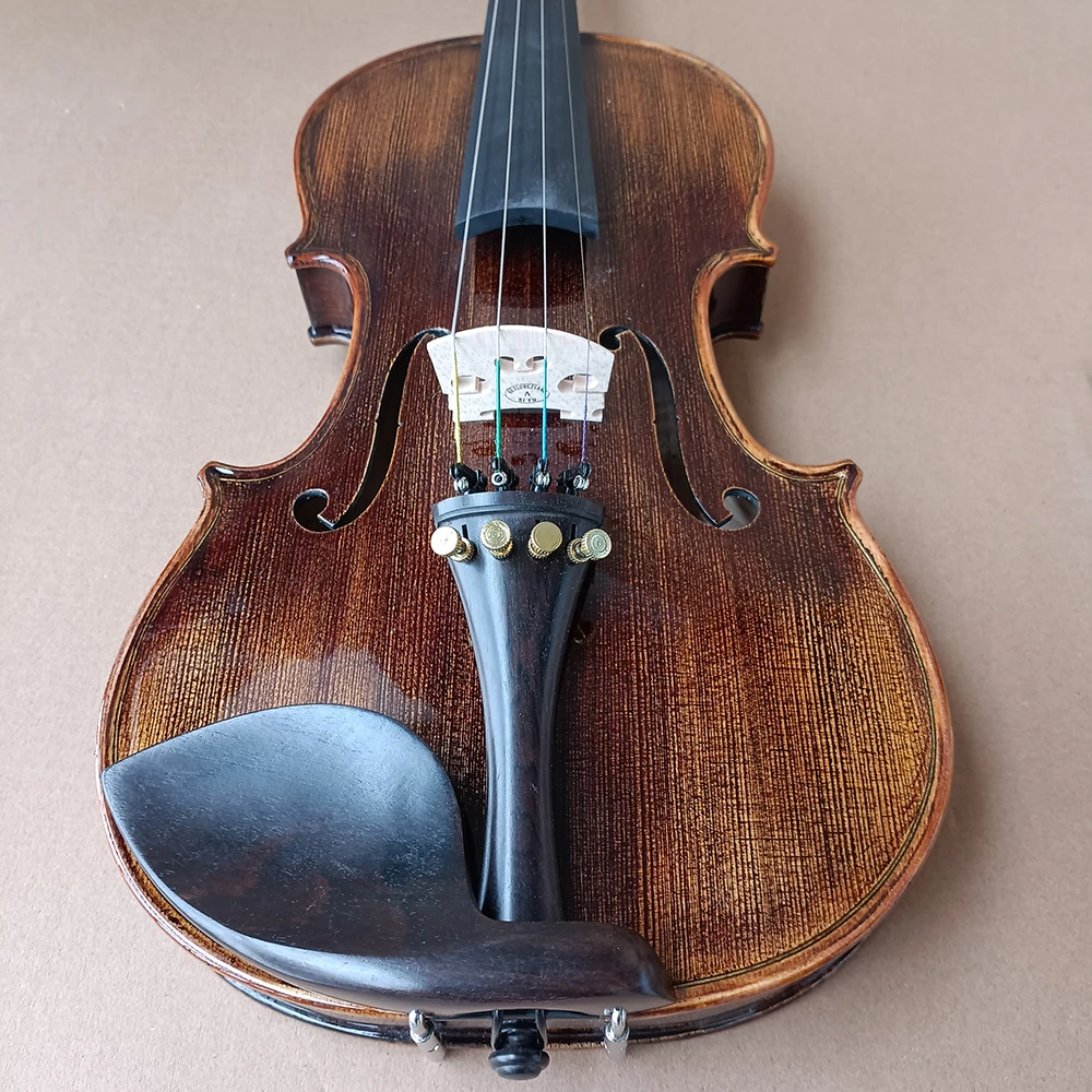 لوحة خلفية من خشب القيقب على شكل نمر مصنوعة يدويًا كمان 4/4 مجموعة طلاء الكاجو البني آلة موسيقية احترافية مع صندوق