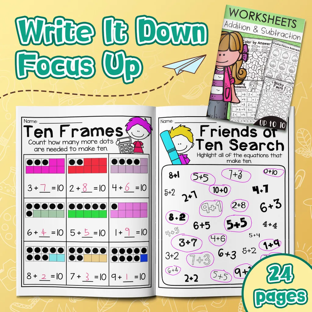 Addition Workbook Set for Kids : Visual Addition with Objects &Ten-Frame “Make 10” Practice |Count–Add–Write | Kindergarten Math
