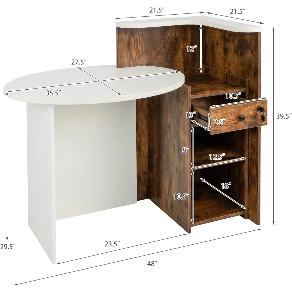 Reception Desk, Front Counter Desk with Lockable Drawer & Adjustable Shelf, Oval Desktop, Retail Counter for Checkout