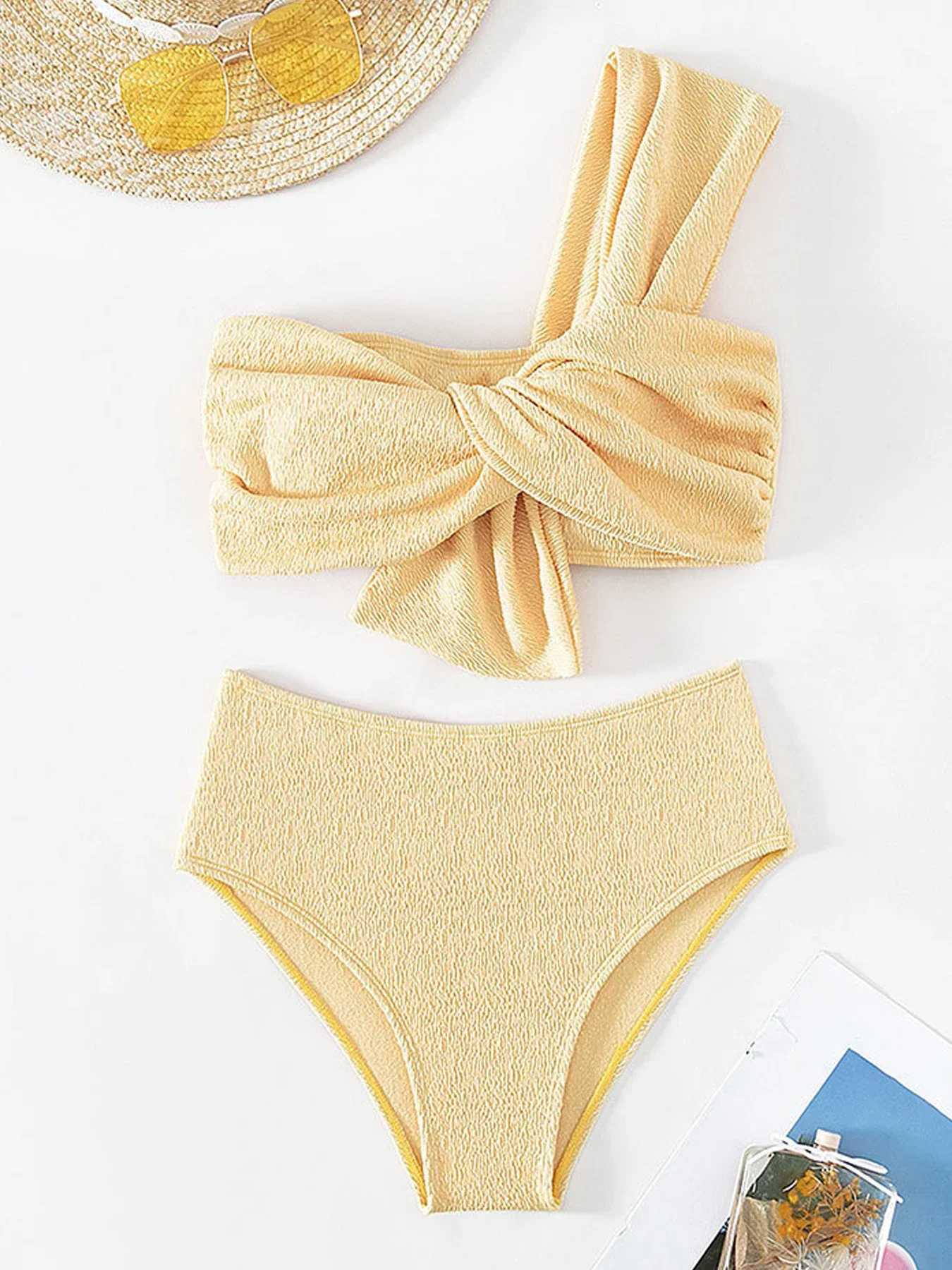 Vigorashely 2025 Sexy Single Shoulder Ribbed Tied Bikini Set Push Up High Waist Women Swimsuit Bathing Suit Backless Swimwear