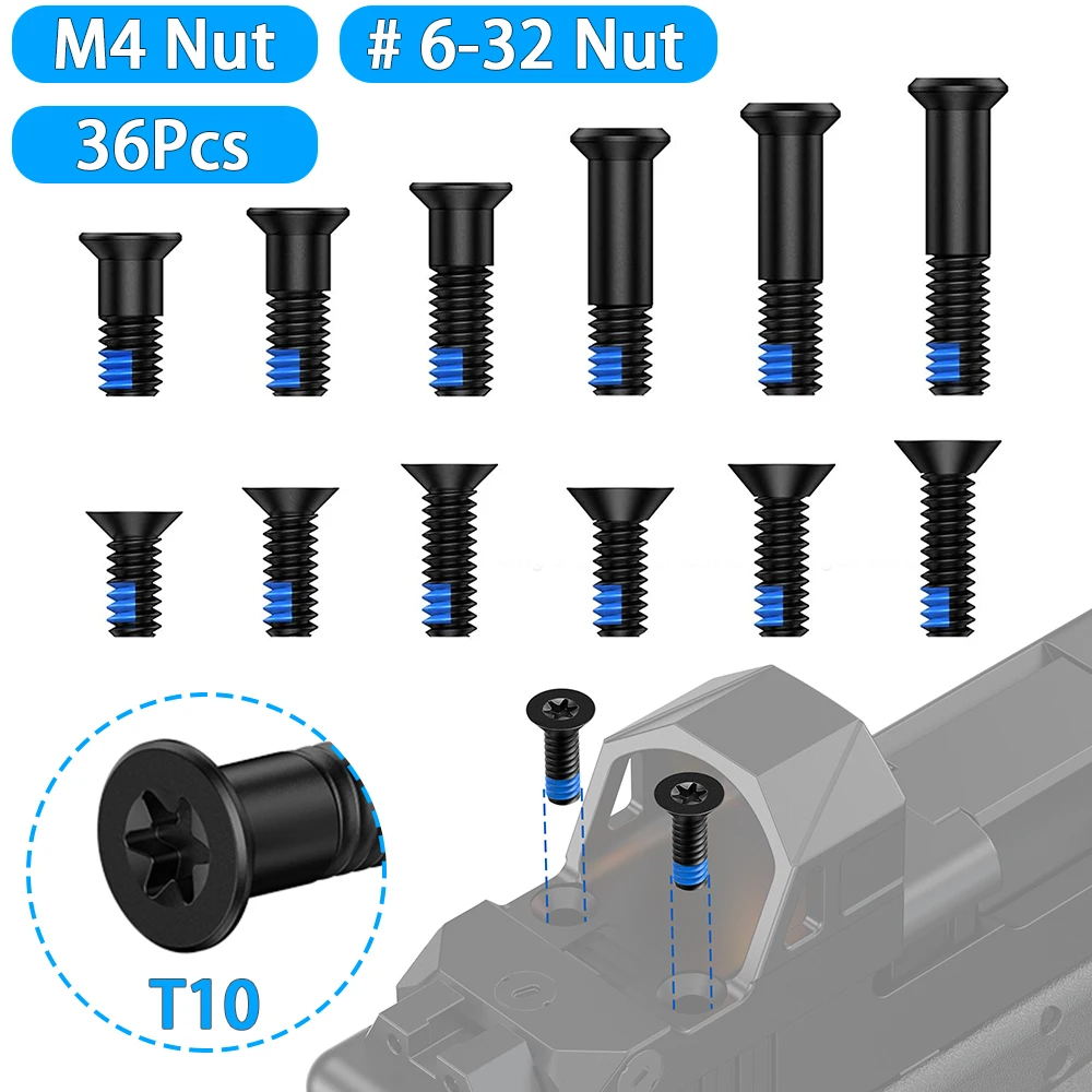 Kit de tornillos de punto rojo de 36 piezas, M4/ # Tornillo de Acero Inoxidable 6-32 con Cabeza Torx T10 y Fijador de Roscas Azul, Compatible con RMR/SRO/Holosun