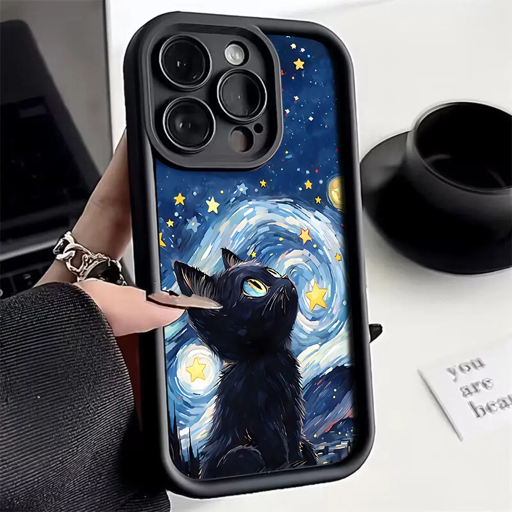 Céu estrelado gato preto caso de telefone para iphone 16 15 14 13 12 11 pro max mini xr xs x 7 8 plus macio tpu capa traseira com alça de mão