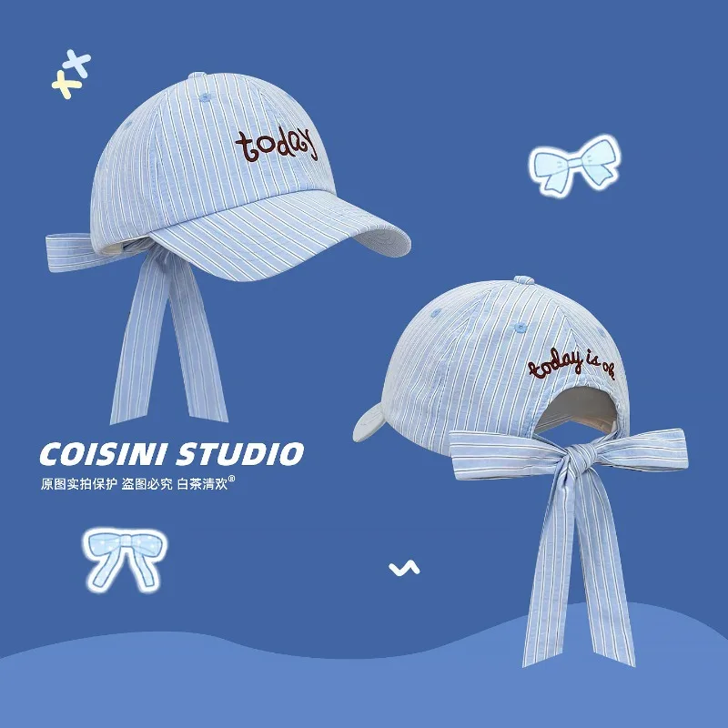 Korean Sweet Bow Ribbon Design Baseball Cap Y2K Spring Summer Travel Fashion Sunscreen Versatile Contrast Striped Women's Hats