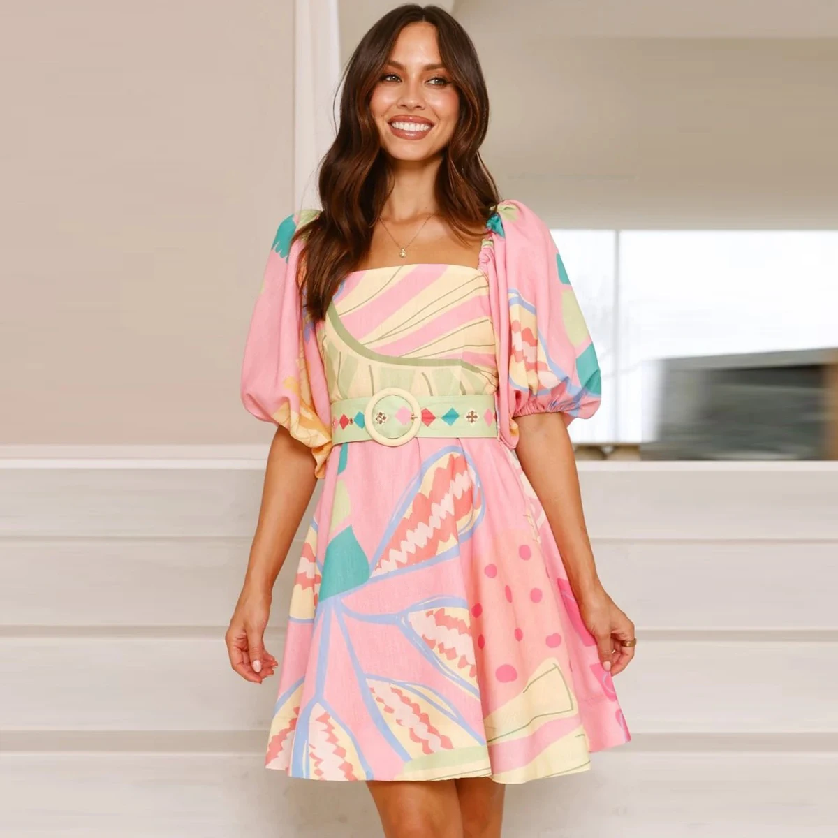 

Women Print Square Collar Lantern Sleeve Belt Linen Spring Summer A Line Dress