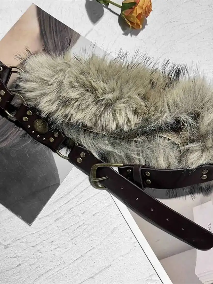 2026 Faux Fur Leather Belt Women's Versatile Belted Midi Skirt Y2K Fuzzy Retro Subculture Nomadic Style Rivet Detail Skirt Belt