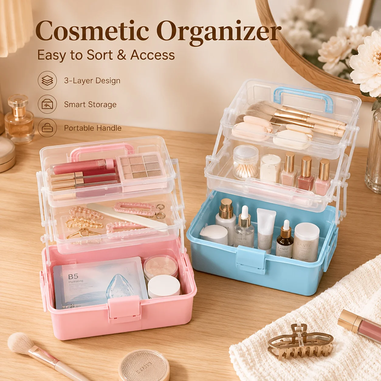 3-Layer Foldable Storage Box, Handheld Flip Top Organizer for Stationery Jewelry Tools, Desktop Space-Saving Container
