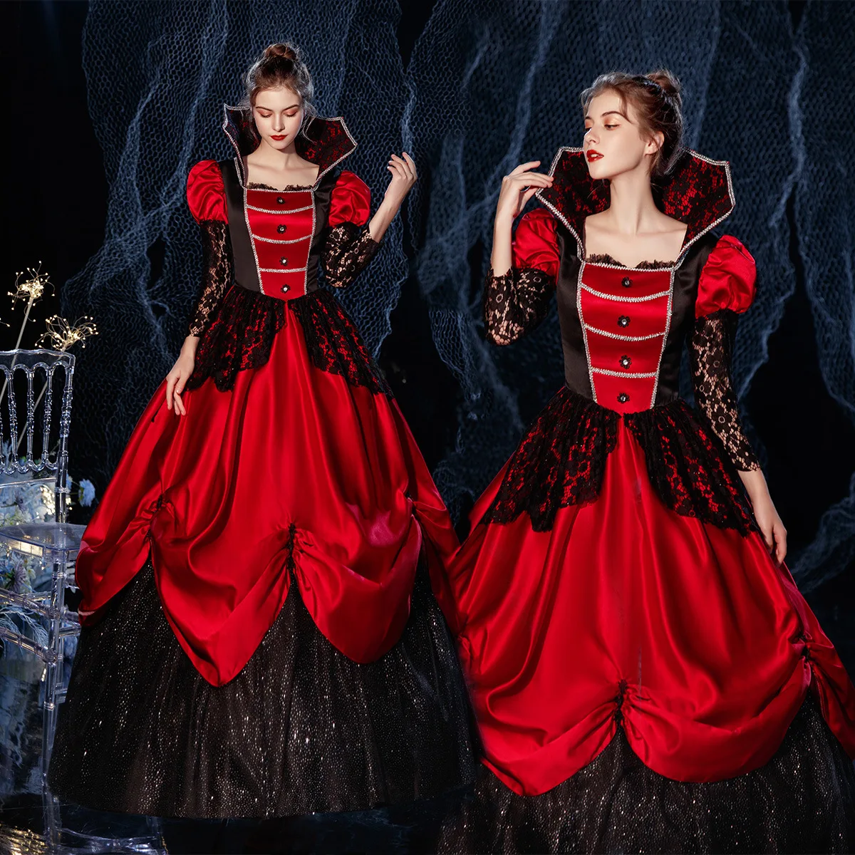 Vampire Cosplay Queen Dress com gola alta, vestido rainha, princesa Gothic vestido de baile, fantasia teatral para Carnaval, vermelho e preto