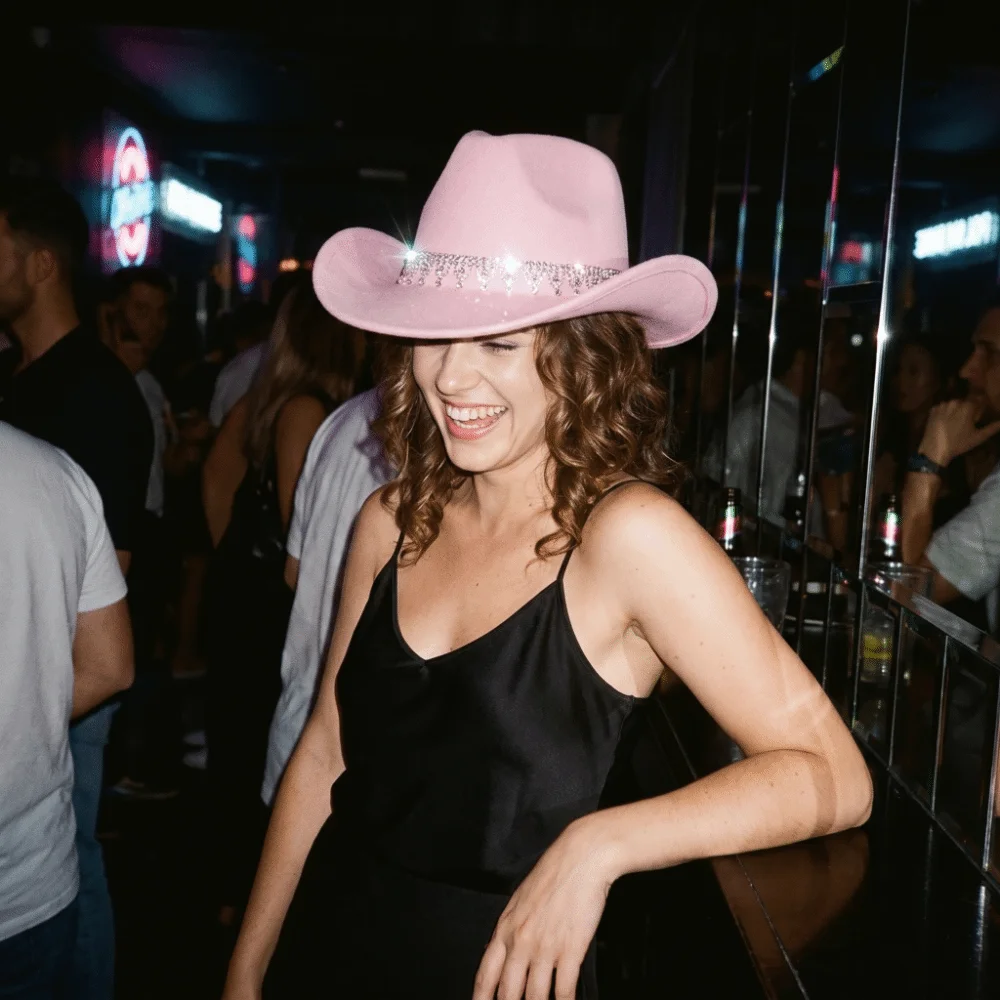 Classic Sparkling Western Cowboy Hat Curved Wide Brim Non-Elastic Felt Fedora Hat Rhinestone Decoration Breathable Top Hat Men