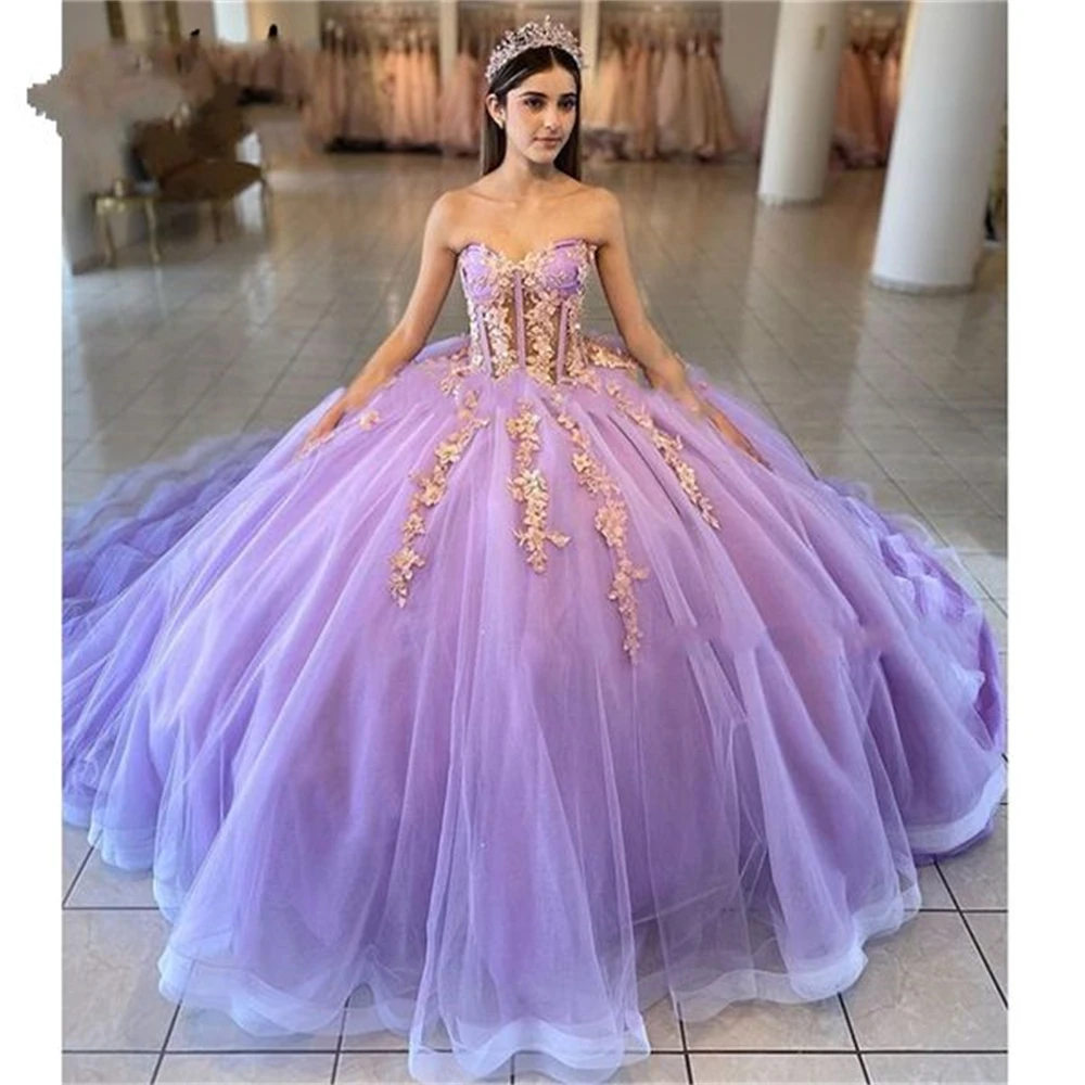 

Ball Gown Quinceanera Dresses Illusion Gold Appliques Purple Tulle Sweetheart Lace-Up Plus Size Sweet 16 Princess Birthday Party