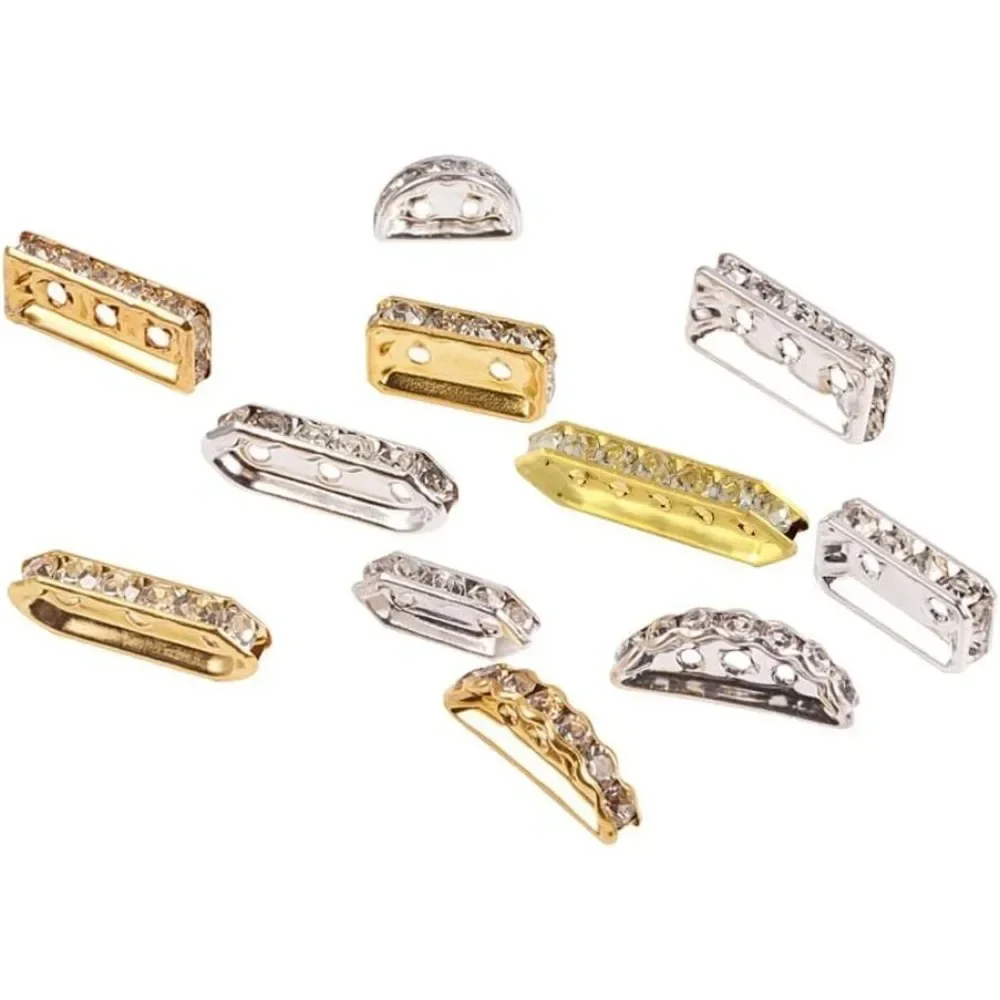 48 pcs 6 Styles 2 Colors Multi Hole Brass Bar Spacers Links with Grade A Rhinestone for Bracelet Jewelry Making Golden/Silver