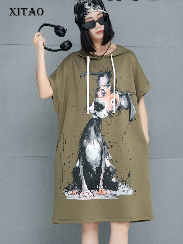 XITAO Hooded Drawstring Animal Print Casual Dress Fashion Loose Fitting Half Sleeve Pullover New Summer Women Dress GMM1201