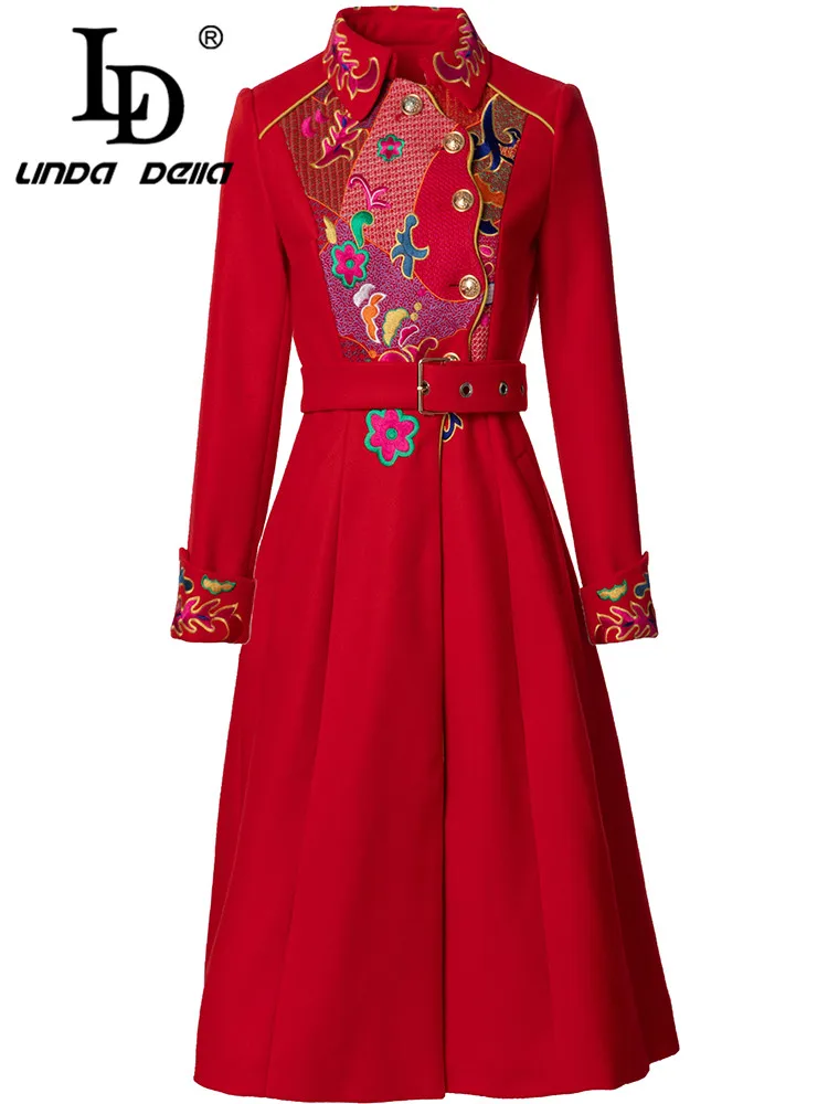 LD LINDA DELLA Autumn winter Designer Coat Women Red Turn-Down Collar Single-breasted Lace-Up Tunic Embroidery Coat