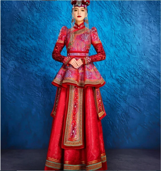 Ladies' Red Heavy Industry Mongolian Robe Bridal Ethnic Style Wedding Dance Performance Dress