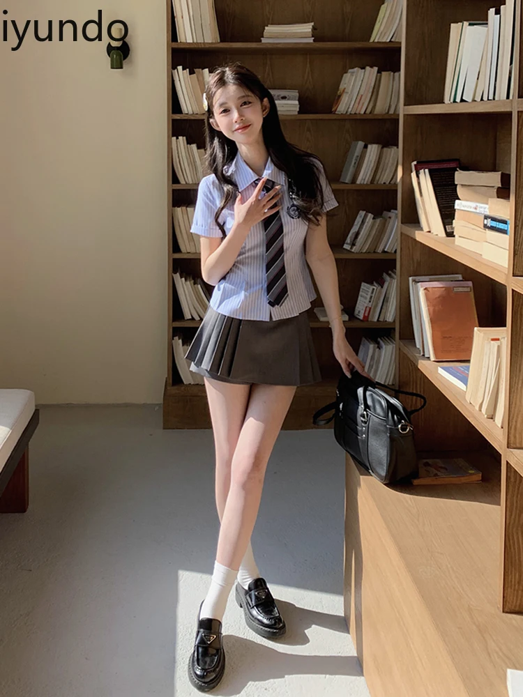 Japanse schoolmeisjesuniform blouse met korte mouwen voor dames |   Preppy lente zomer blauwe slim fit tops shirts voor dames