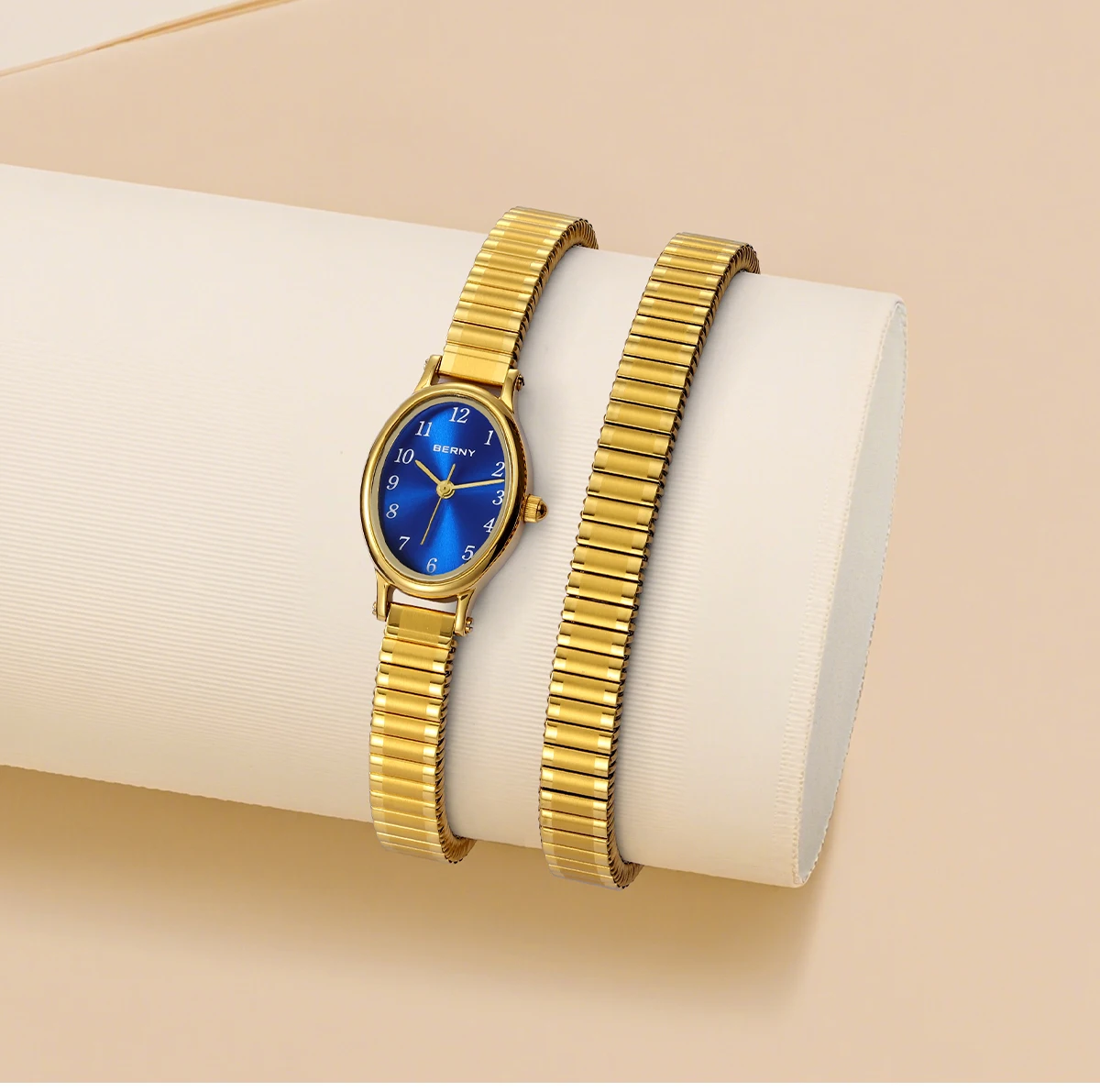 BERNY Goldene Uhren für Damen, luxuriöses goldenes elastisches Armband, elegante, leicht ablesbare Damenuhr, Stretch-Armband, Kleiderarmbanduhr – Detail 16