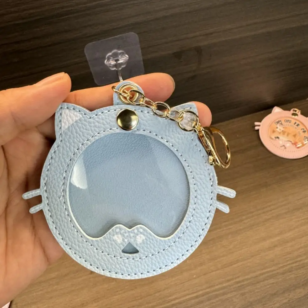 Mini Badge Display Pouch Cat Shape Clear Window Badge Protector Keychain Pu Leather Portable Key Chain Pendant Bag Accessories