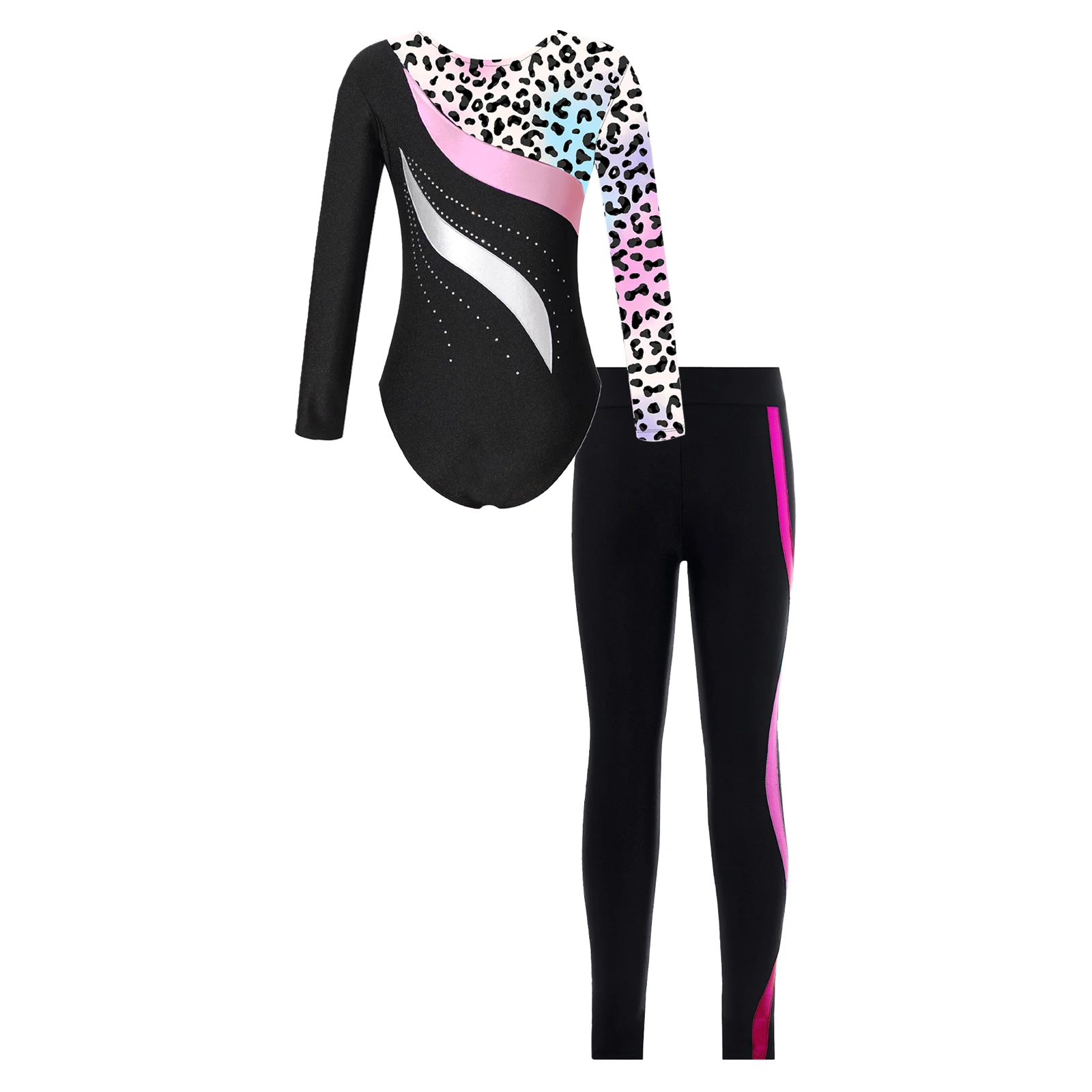 Kids Girls Long Sleeve Shiny Rhinestone Dance Gymnastics Leotard with Leggings Ballet Skating Acrobatics Yoga Sports Costume Set