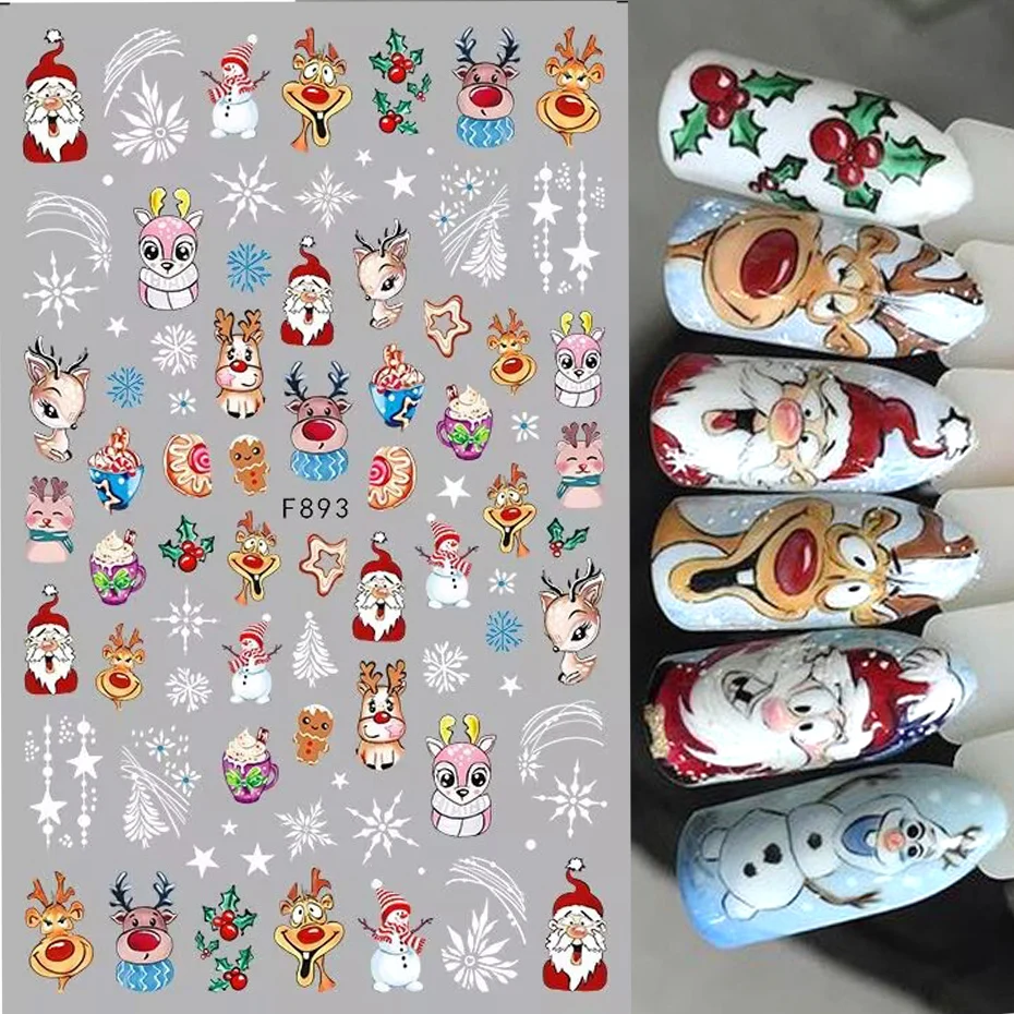 Süße Weihnachten Nail Art Aufkleber Kawaii Schneeflocke Hirsch Weihnachtsmann Star Holly Winter Weihnachten Neujahr 3D Aufkleber Slider Maniküre Tipps