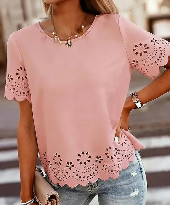 

Women's T-Shirt 2026 Summer Loose New Solid Color Scallop Edge Hollow Design Short Sleeved T-Shirt Suitable for Daily Leisure