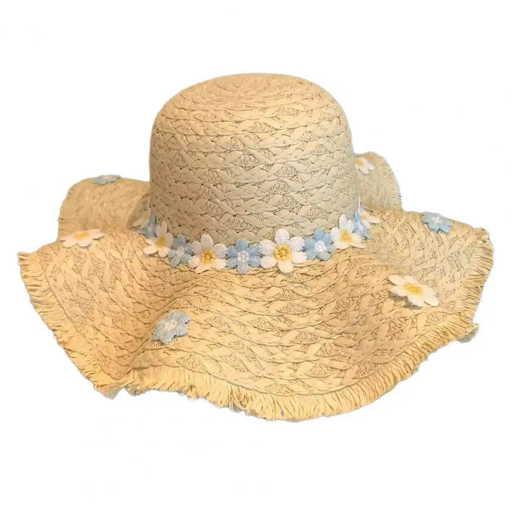 

Straw Sun Hat Hand-crocheted Sun Hat with Chrysanthemums Brim Strong Sun Protection Wave Shape Face Slimming Vacation Travel Hat