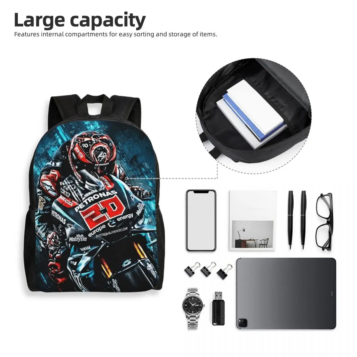 Fabio Quartararo French Motorcycle Racer Backpack Student Boys Girls BookBag School Bag Computer Shoulder Bags