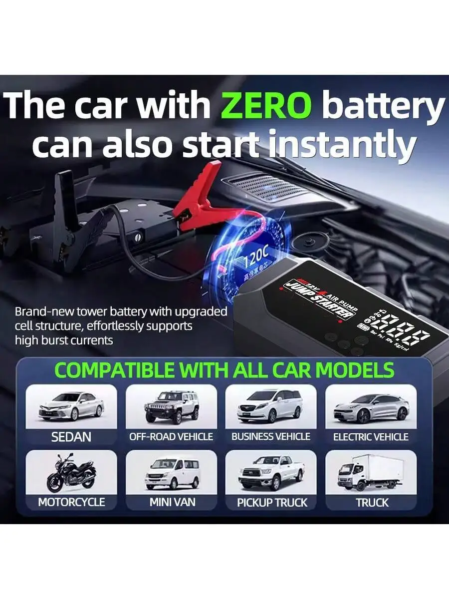 HUASHIJIE Portable Large-Capacity 12V 8000A Smart Emergency Car Jump Starter With Air Compressor, 28100mAh Multifunctional