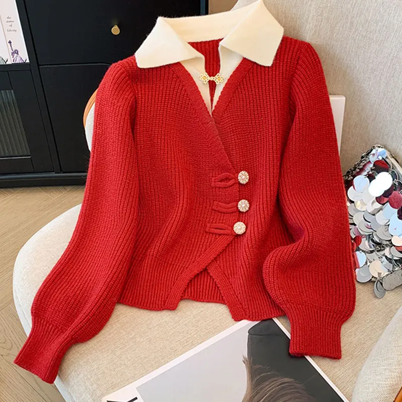 New 2024Autumn Winter Design Splicing Slim Women Knitted Cardigan Sweater Jacket Fashion Fake Two Items Loose Ladies Top