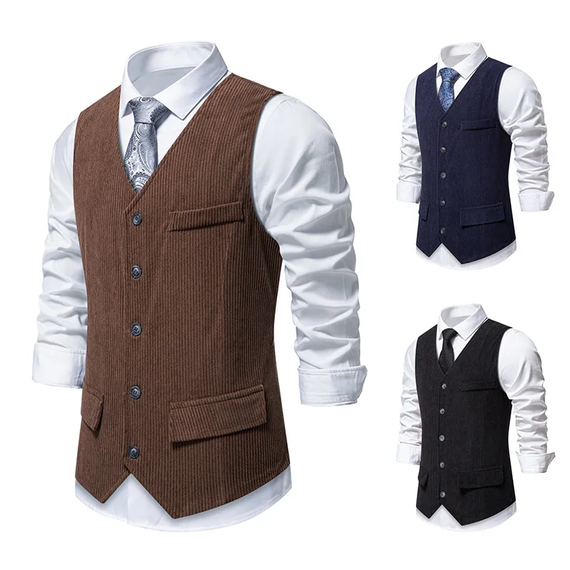 

Vintage Coffee Color Corduroy V-Ne Waistcoat Slim Fit Flip Cover Light-hearted Club Bar orm Casual Coat for Youth