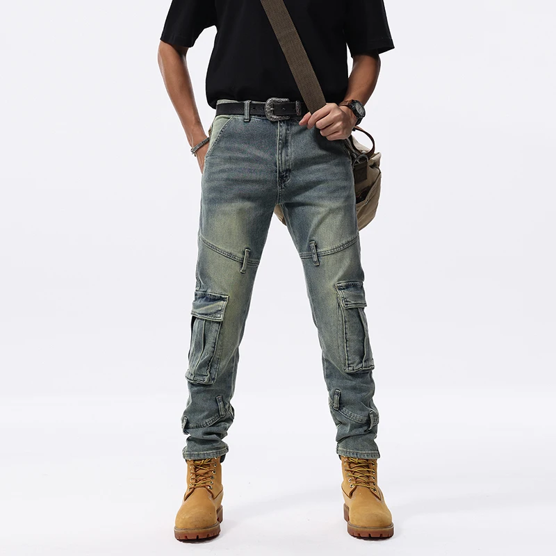 

vintage fashion motorcycle multi-pocket jeans men's fashion splicing high-end fashion slim-fit pants