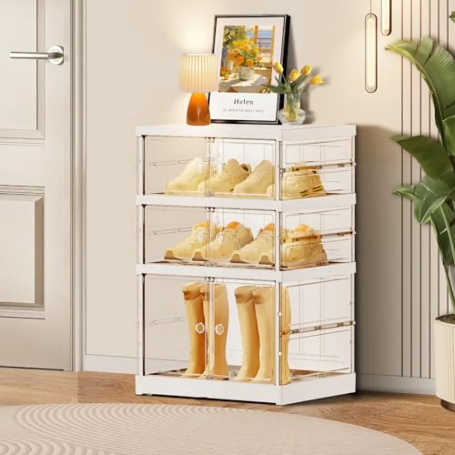 

3-Tier Foldable Shoe Rack for Closet Entryway 3-6PairsStackable Clear Shoe Storage Boxes Organizer with Door Plastic Shoe Cabin