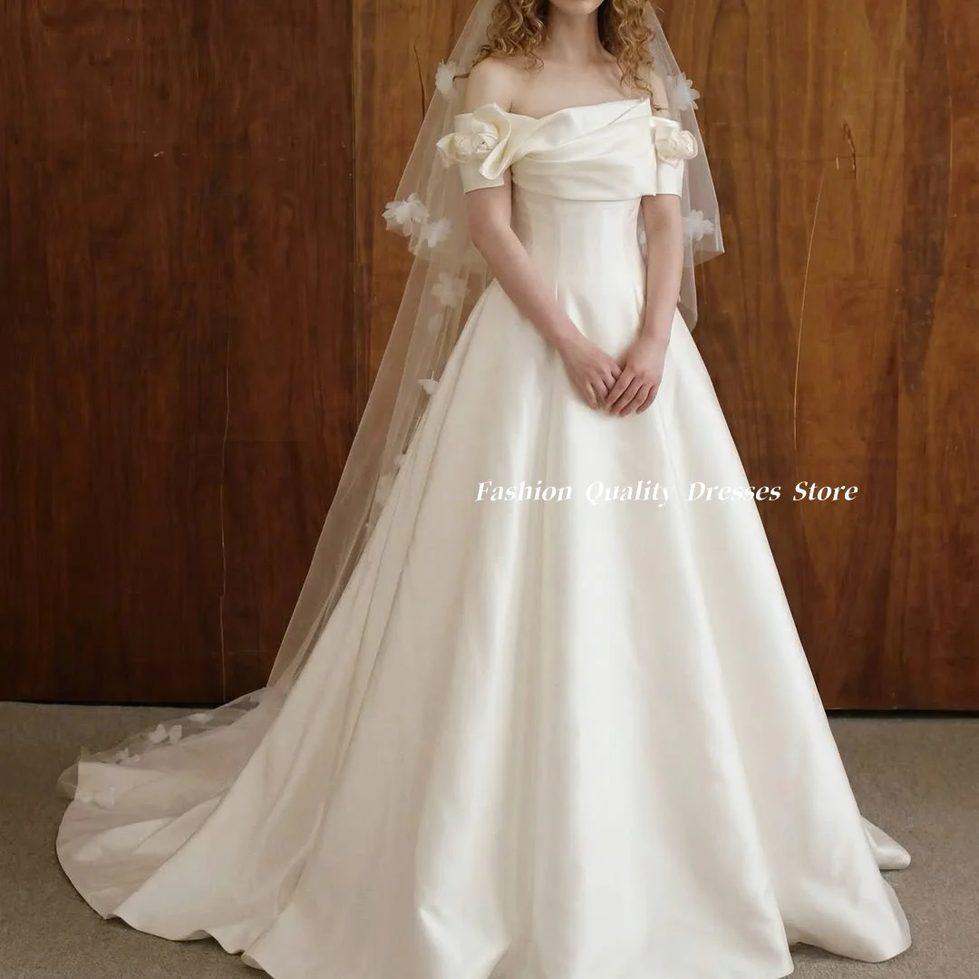 Wedding Dresses Off Shoulder Satin Bridal Gown 3D Floral Fold Sleeve A Line Long Train Simple Vintage Wedding Dress Customized