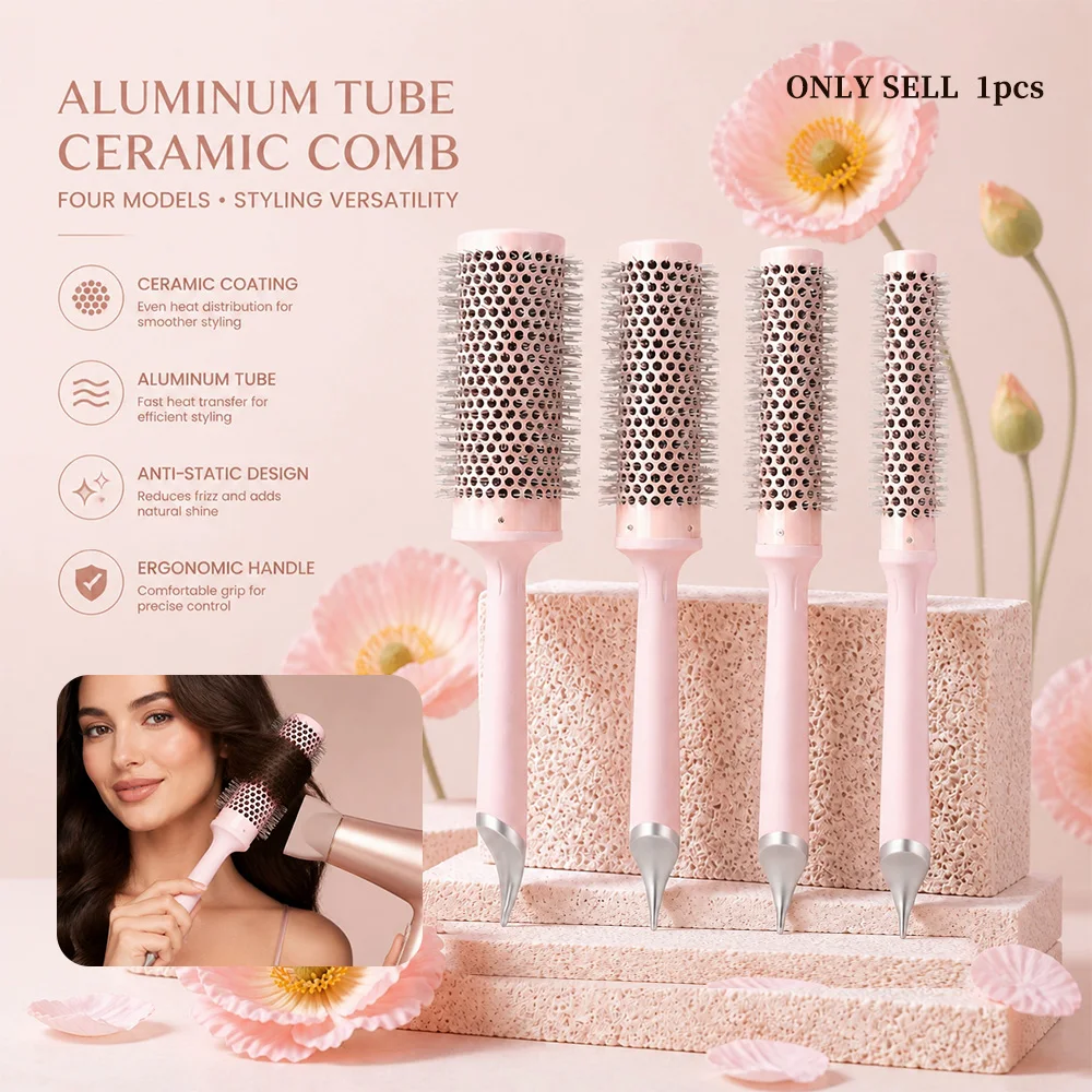 Pink Girly Style Aluminum Tube Ceramic Roller Brush, Anti-Static, Adds Natural Shine, 4 Barrel Sizes Available, Women's Home Hair Styling Brush for Blow-Drying, Curling, and Volumizing