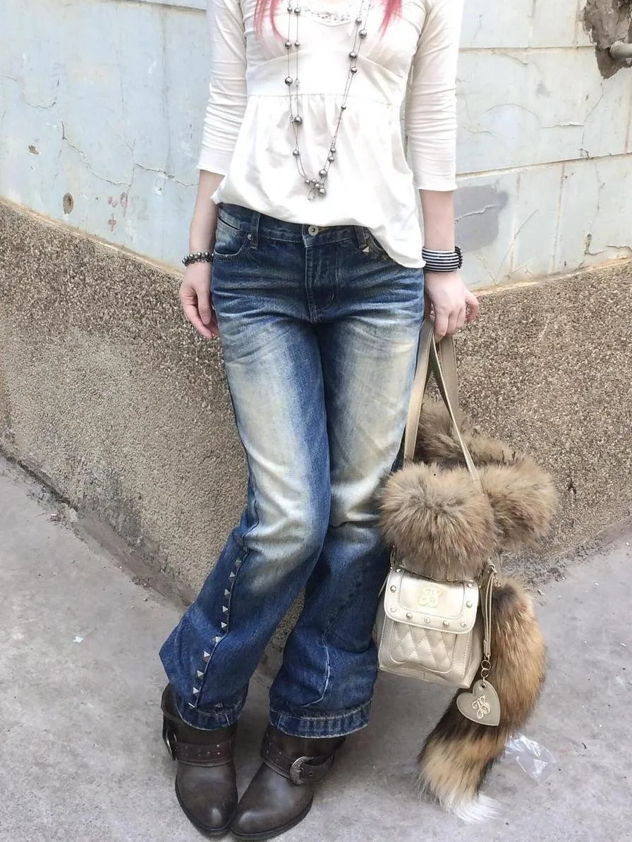 American Vintage Distressed Rivet Patchwork Flare Jeans Women Streetwear Bodycon Full-Length Y2k 2000s Retro Denim Pants Casual