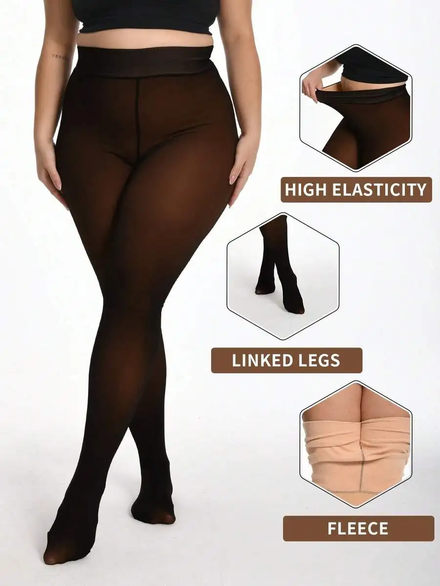 High Waisted Fleece-Lined Sheer Pantyhose with Linked Legs, Warm Elastic Waist