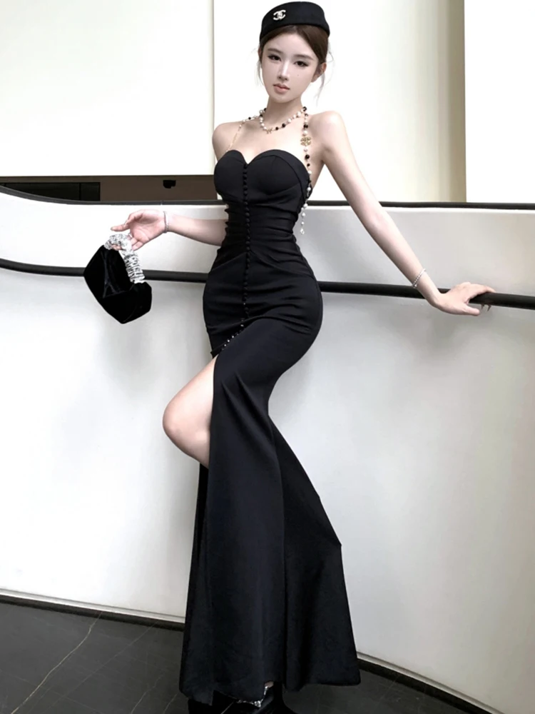Frauen Koreanische Vintage Hepburn Prom Kleid Herbst Schwarz Brust Verpackung Sexy Backless Kleid 2025, Elegante Bodycon Luxus Party Kleid