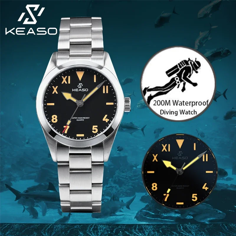 KEASO Top Men's Dive Watches MIYOTA 2035 Quartz Movement Sapphire C3 Luminous 200M Waterproof Sports 316L Solid Steel Watch