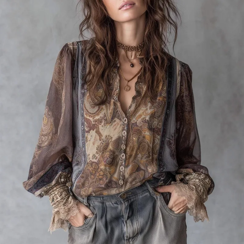 

Новая весенне-осенняя блузка 2026 года с ретро-принтом, свободного кроя, с круглым вырезом, на пуговицах, с длинным рукавом, модная базовая рубашка, повседневный пляжный топ для женщин
