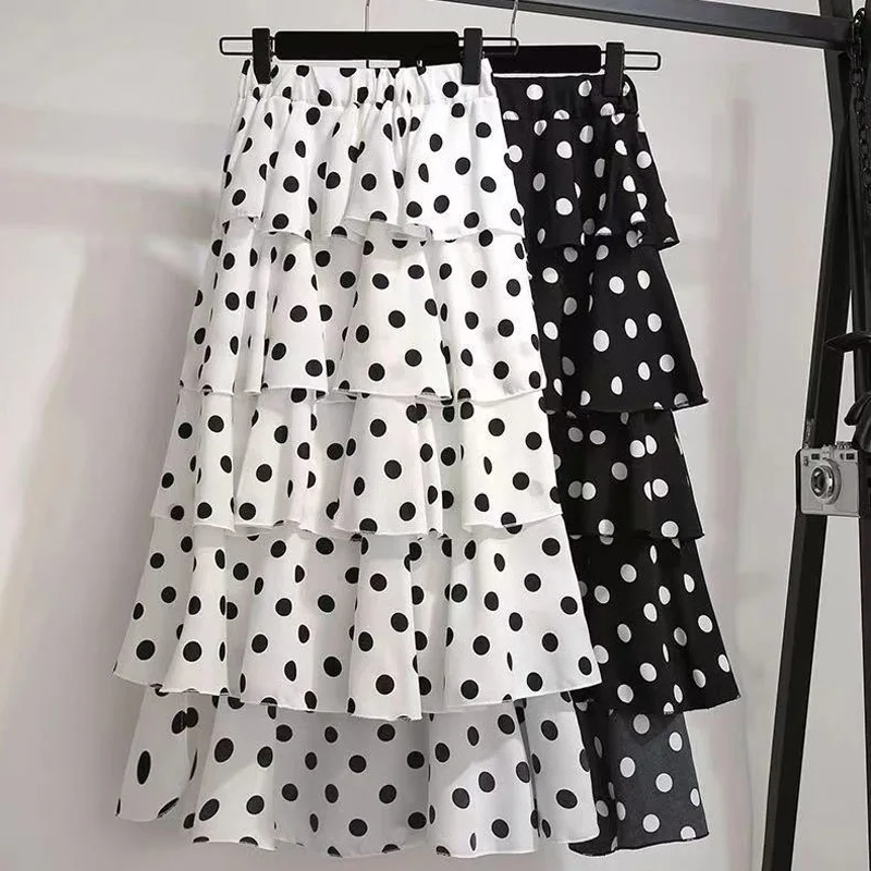 Summer Fashion Bohr Dot Slim Four Layers Chiffon Skirt Women Classic High Waisted Korean All-match Lady Casual Cake Skirt