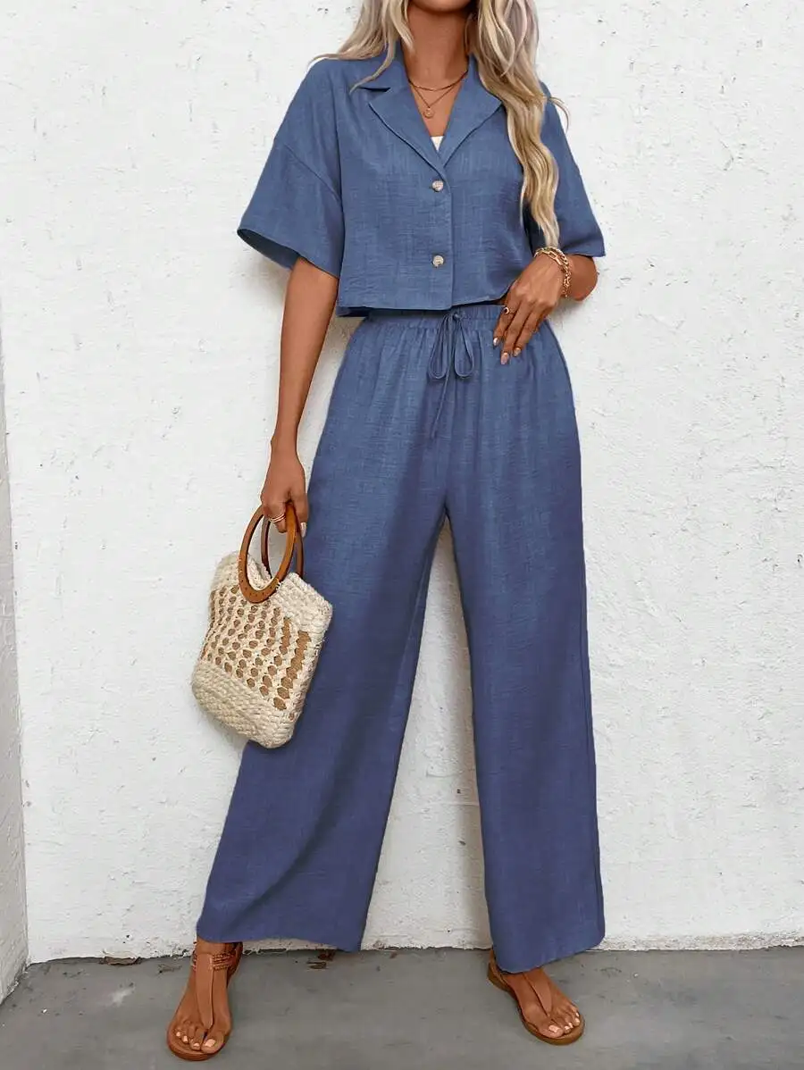 Conjunto de camisa de lino de manga corta y pantalones anchos para mujer, ideal para vacaciones y ocio.