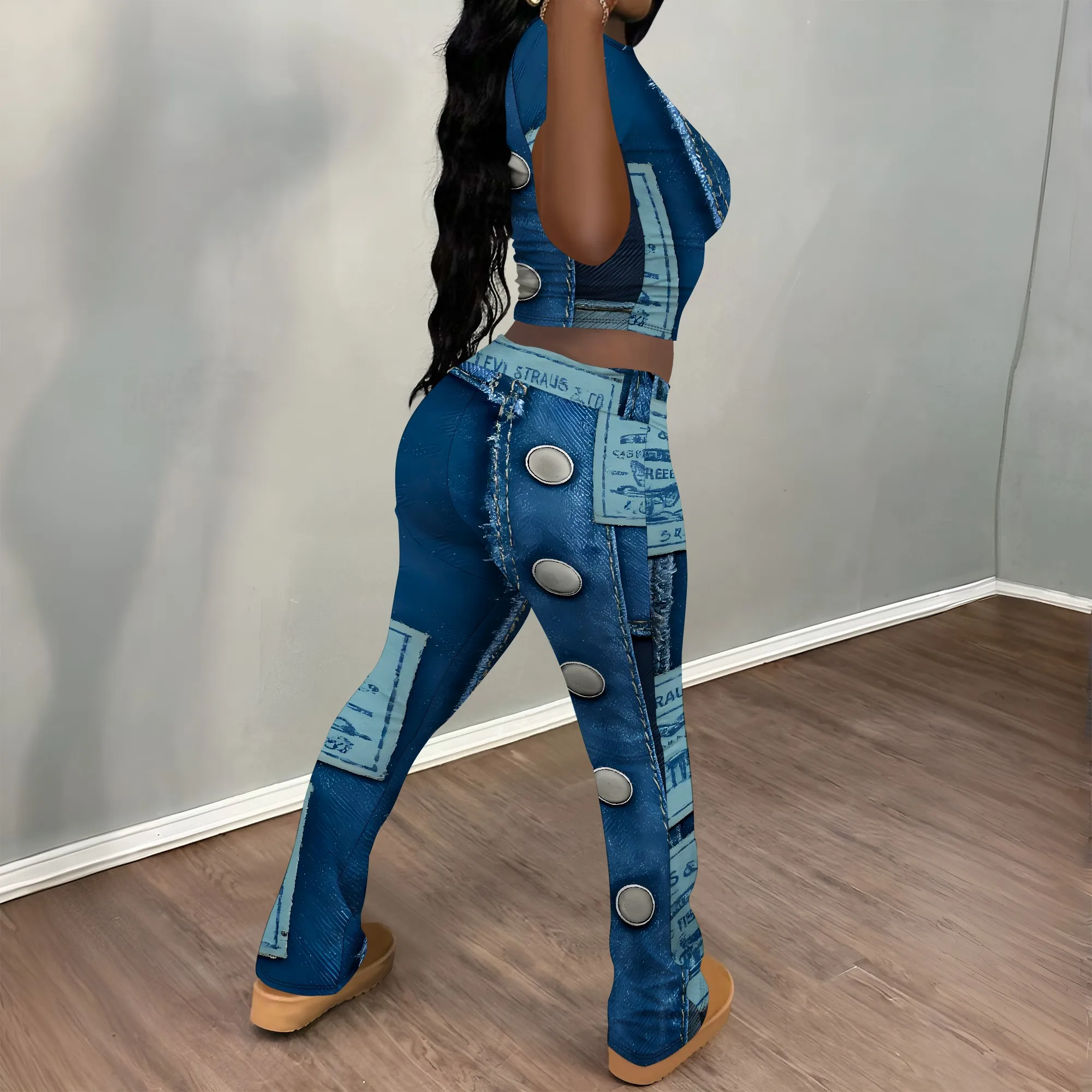 Nupusa Denim - Look Print Two - Piece Set 여성 여름 짧은 소매 캐주얼 의상