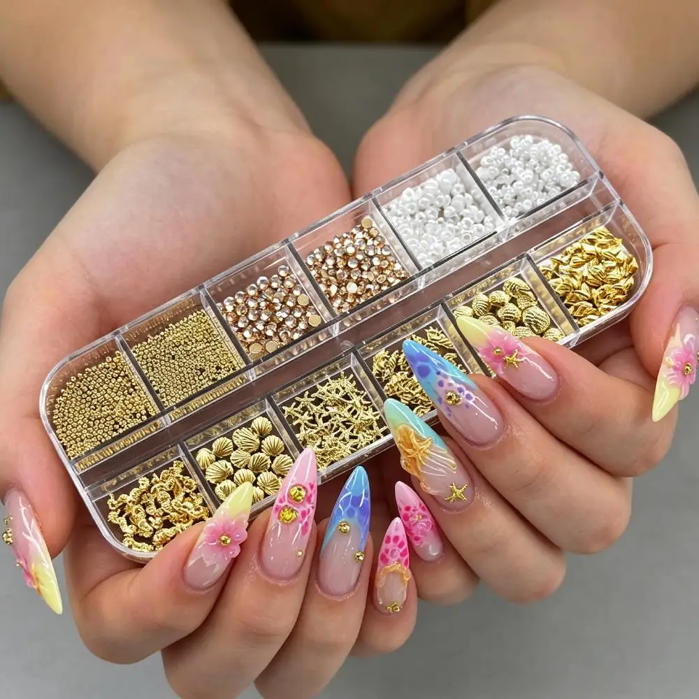 12Grids 3D Gold Summer Marine Nail Art Charms Mixed Starfish Shell Seahorse Pearl Bead Nails Decorations DIY Beach Manicure Part