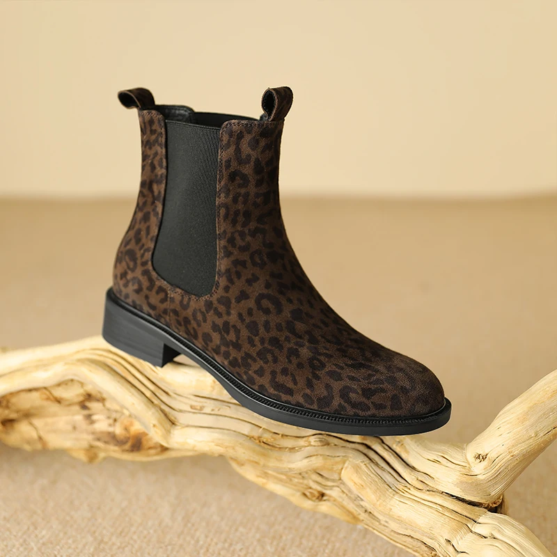 

Handmade Genuine Leather Sheepskin Leopard Print Women Chelsea Boots Elastic Band Fashion Ankle Boots Pointed Toe Booties