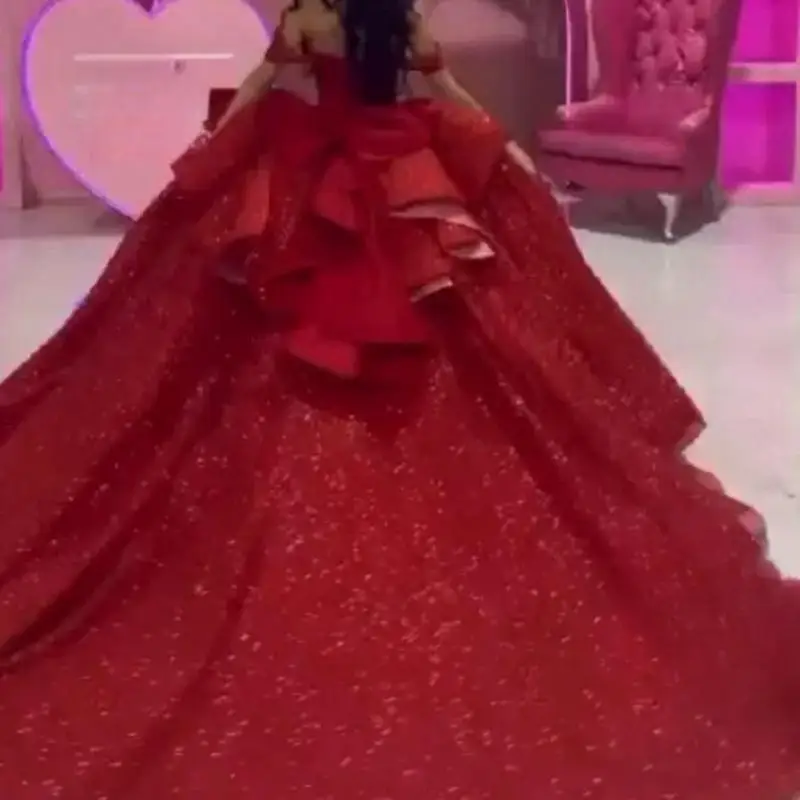 Personalizado elegante vinho vermelho quinceanera vestidos com trem brilhante vestido de baile saia doce 15 16 festa de aniversário vestido de baile