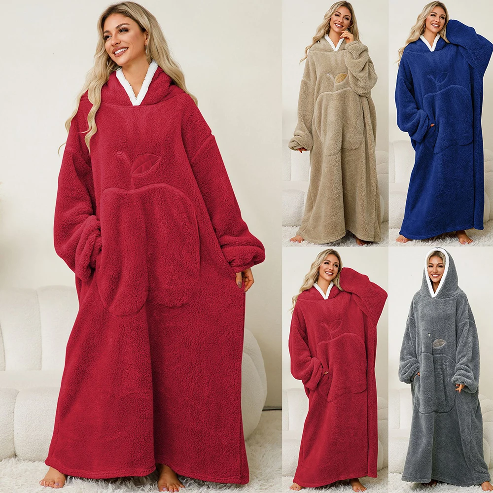 Warm Sherpa Lined Hooded Blanket For Men Women, Extra Long Fluffy Wearable Blanket Hoodie,Couple Matching Indoor Throw