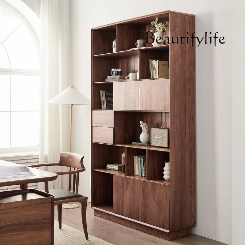 Nordic Retro Black Walnut Solid Wood Storage Bookcase Modern Light Luxury Living Room Wall Display Cabinet