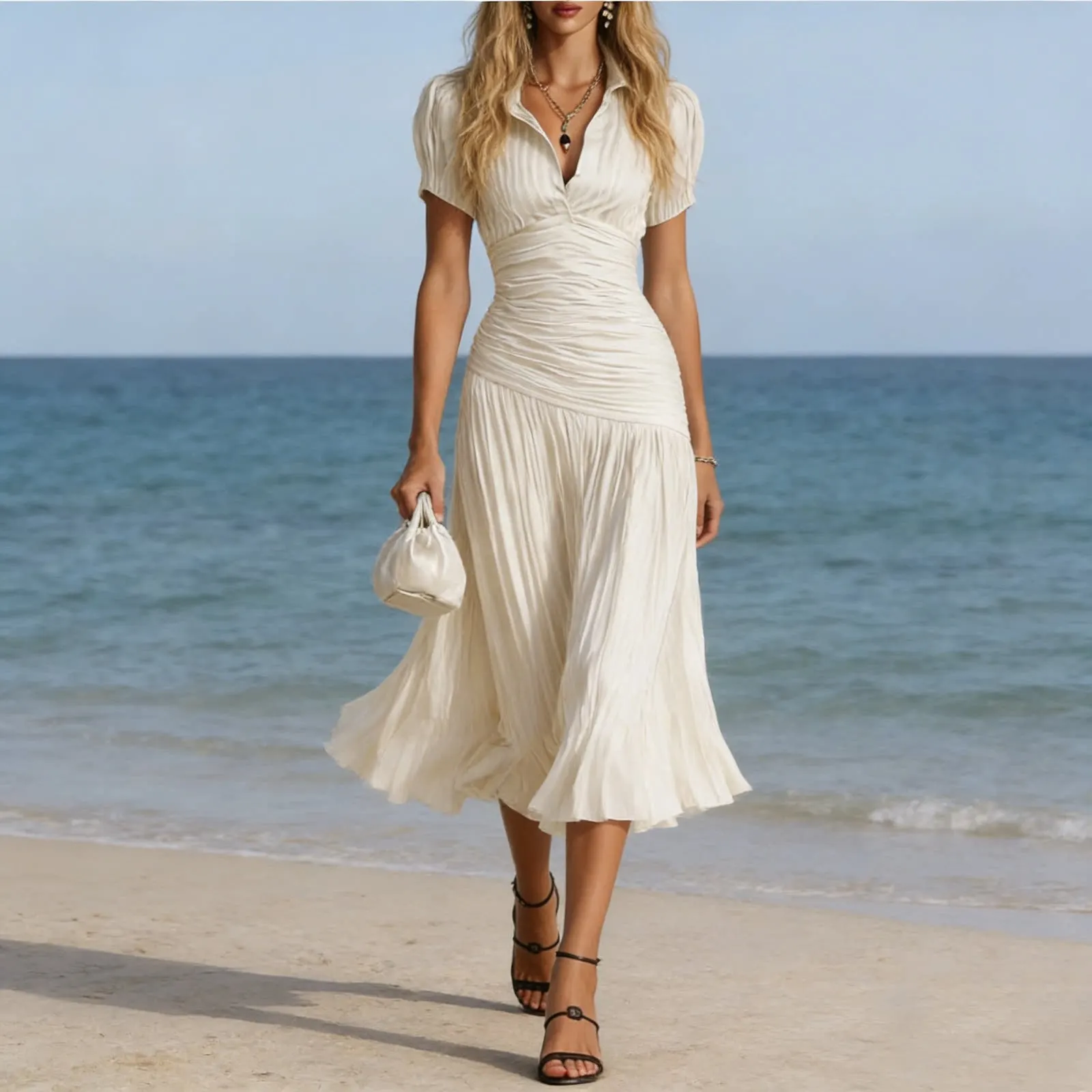 

Elegant Solid Shirt Dress Fashion Solid V-Neck Short Sleeve High Waist Pleated Dress Spring Summer New Commuting A-Line Dress